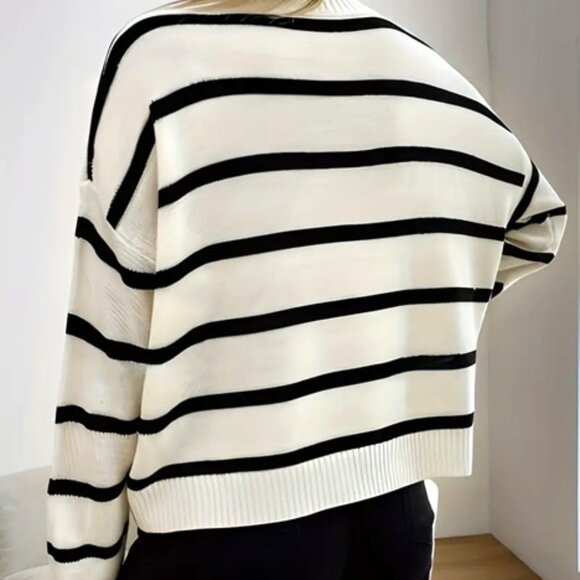 NEW! preppy Commense striped off white black sweater - Picture 3 of 9